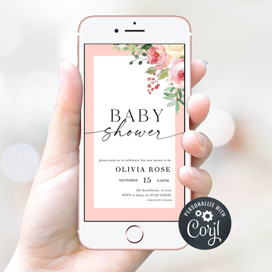 spring floral baby shower invitations, printable baby shower invitations, editable baby shower invitations, floral baby shower invites, mobile baby shower invites