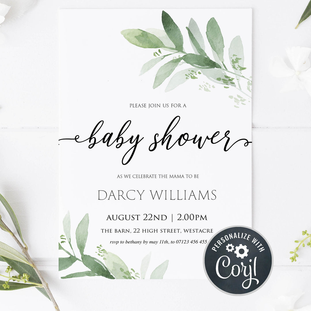 editable baby shower invitations, botanical baby shower invitations, printable baby shower invitations, baby shower invite