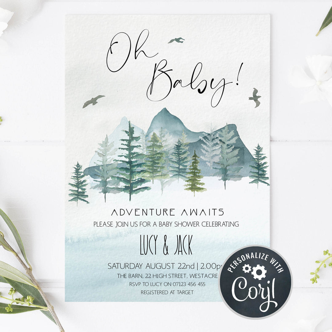 oh baby baby shower invitation, adventure awaits baby shower invitation, editable baby shower invitations, corjl baby shower invitaitons