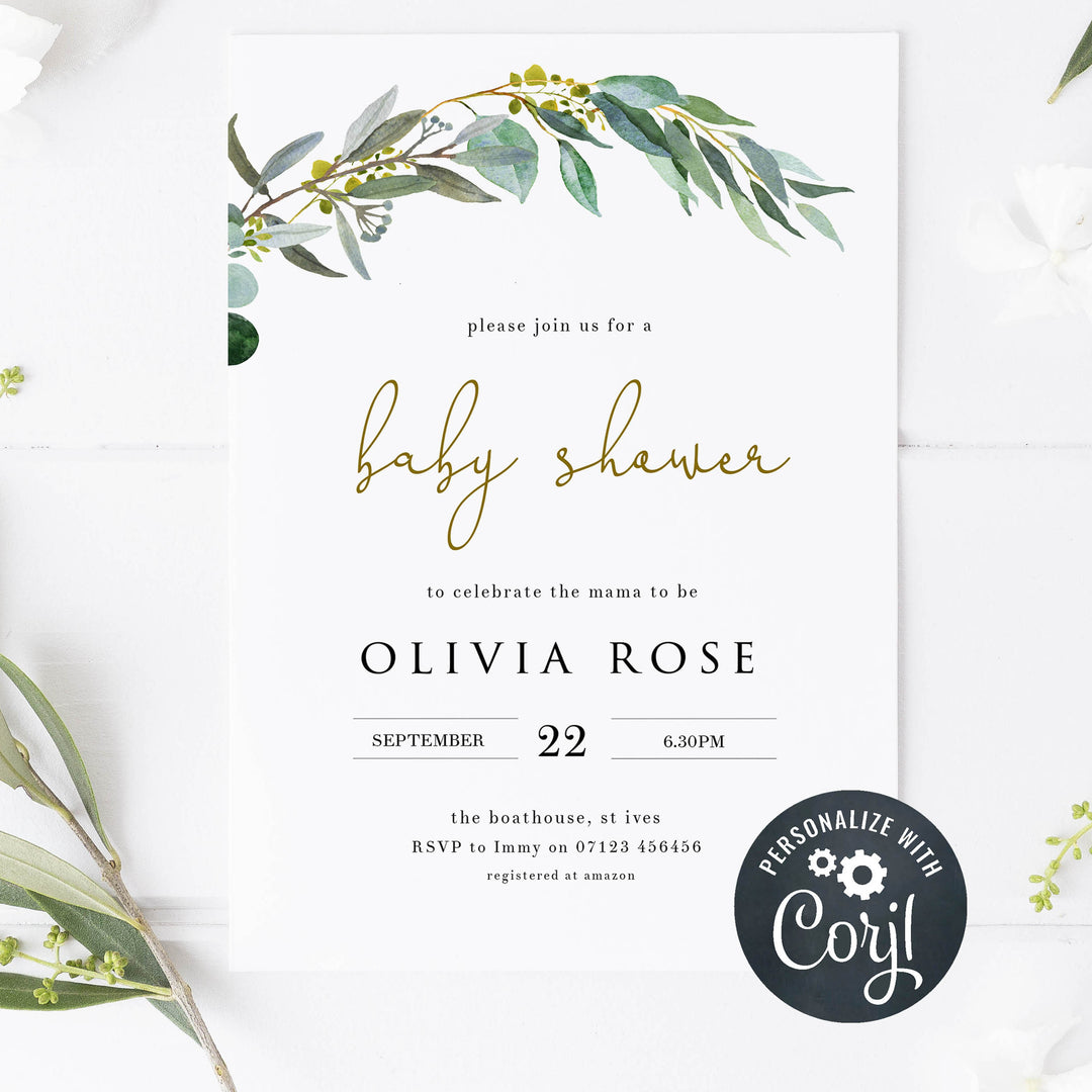 eucalyptus baby shower invitations, printable baby shower invitations, editable baby shower invitations, eucalyptus baby invites, floral baby shower invitations, floral baby invites