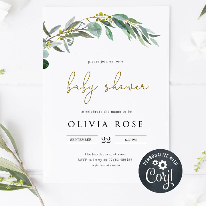 eucalyptus baby shower invitations, printable baby shower invitations, editable baby shower invitations, eucalyptus baby invites, floral baby shower invitations, floral baby invites