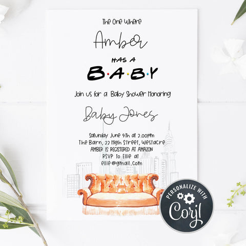 friends baby shower theme, printable baby shower invitation, editable baby shower invite, friends baby shower