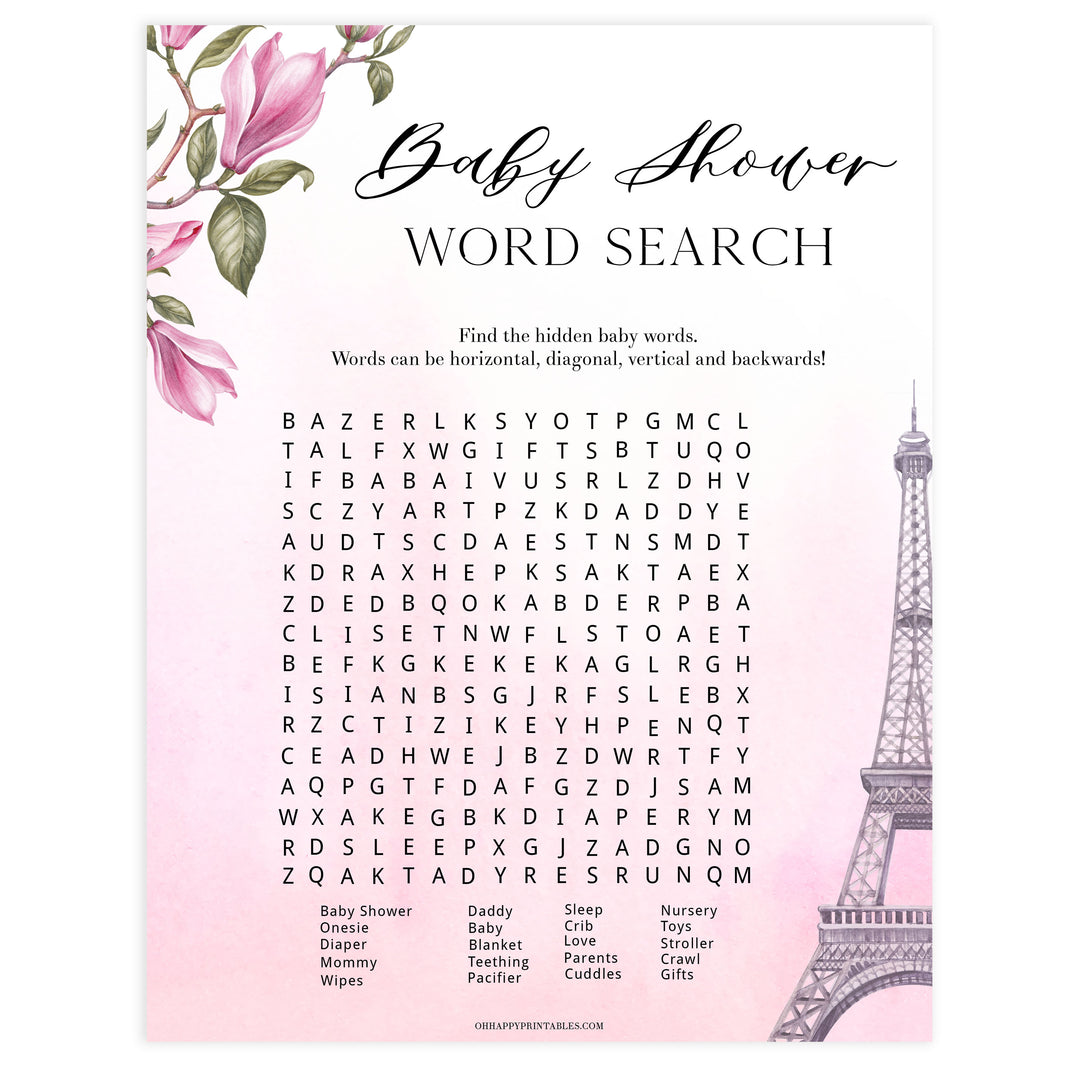 baby shower work search Game. Paris baby shower games, printable baby shower games, Parisian baby shower games, fun baby shower games