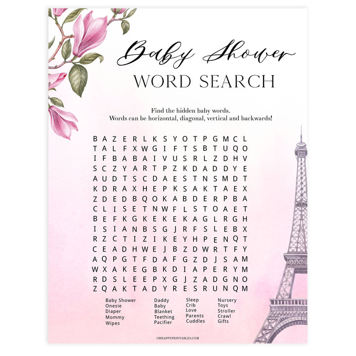 baby shower work search Game. Paris baby shower games, printable baby shower games, Parisian baby shower games, fun baby shower games