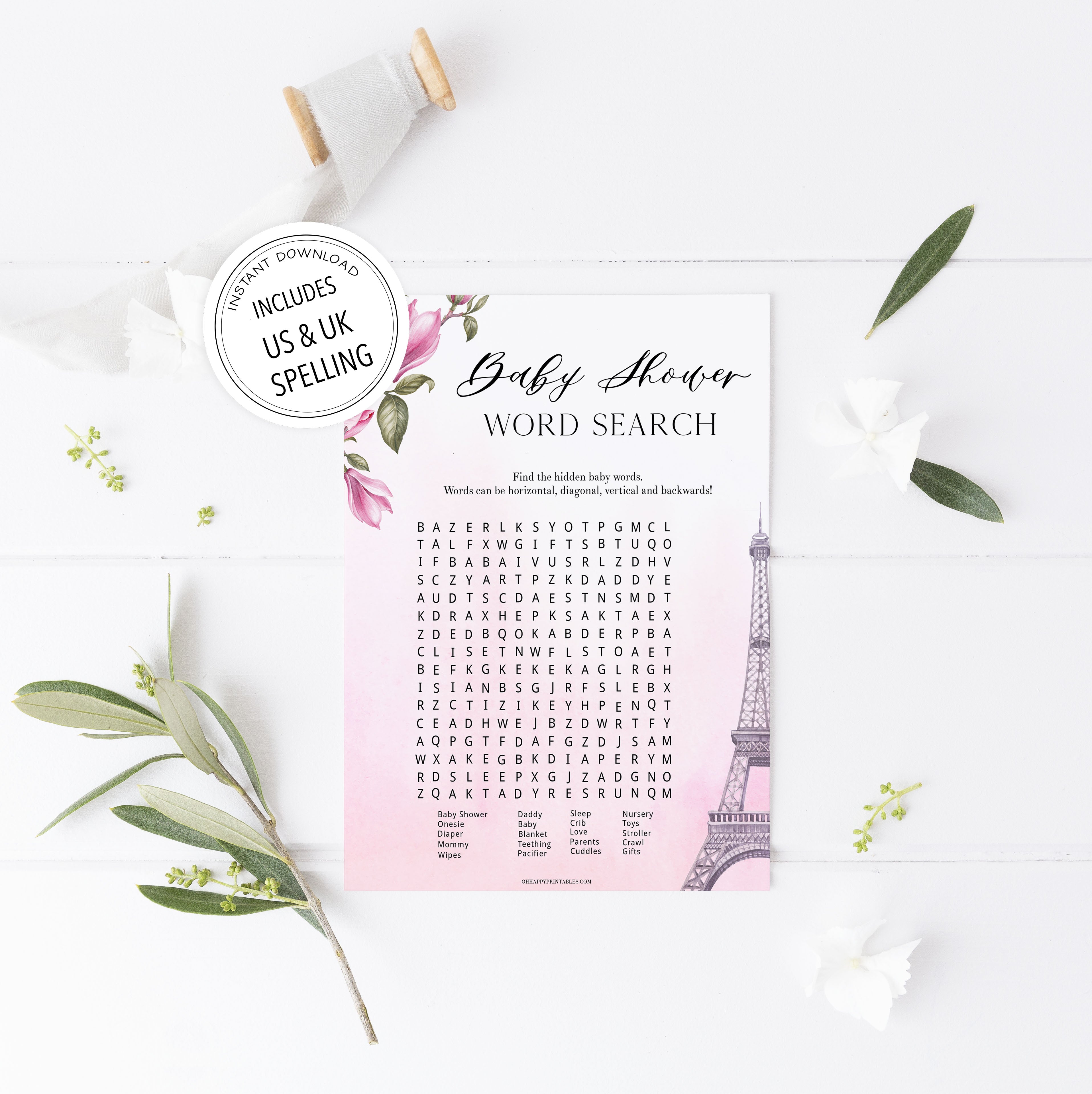 baby shower work search Game. Paris baby shower games, printable baby shower games, Parisian baby shower games, fun baby shower games