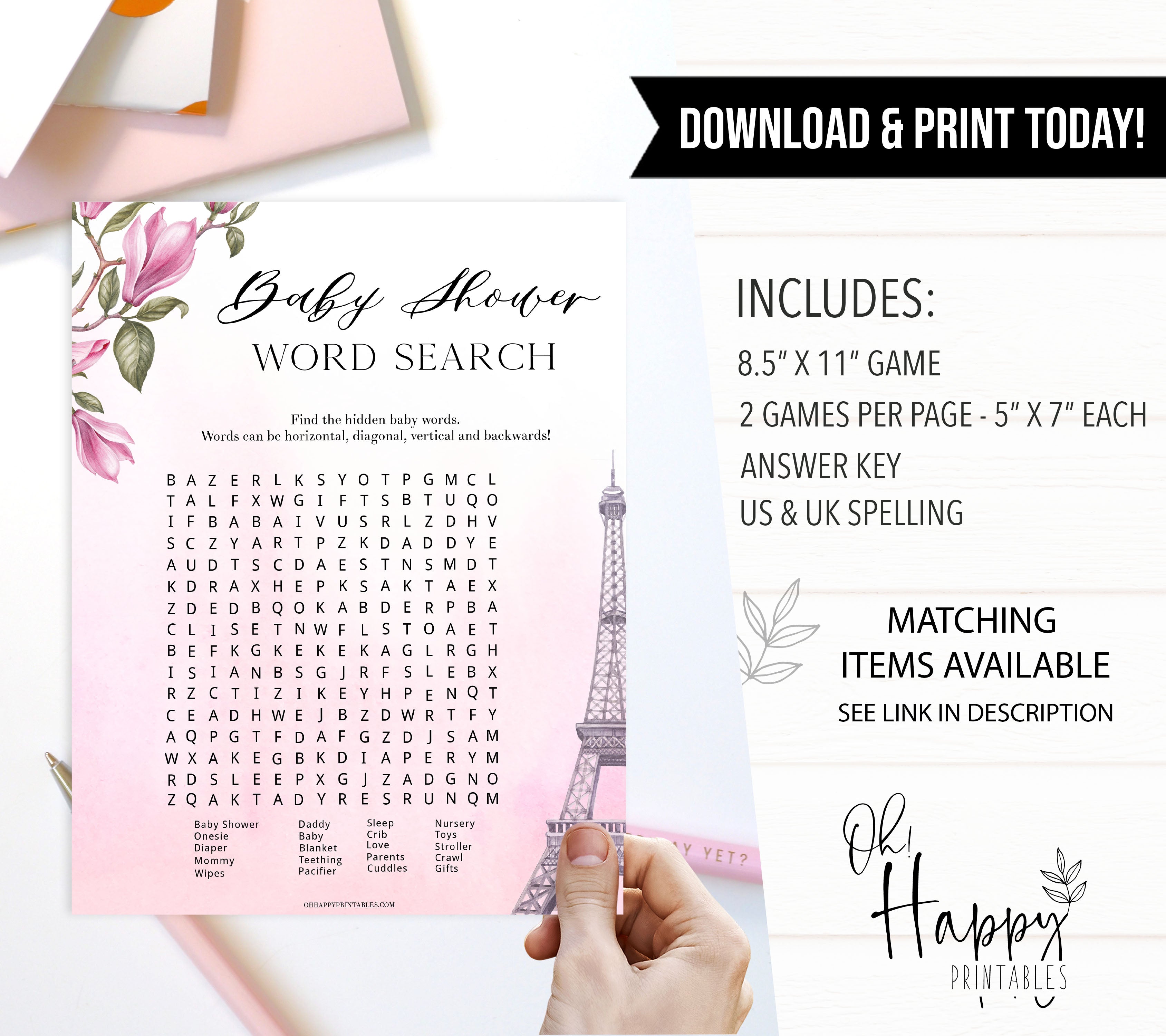 baby shower work search Game. Paris baby shower games, printable baby shower games, Parisian baby shower games, fun baby shower games