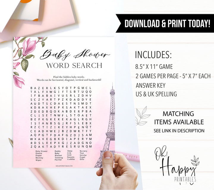 baby shower work search Game. Paris baby shower games, printable baby shower games, Parisian baby shower games, fun baby shower games