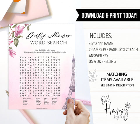 baby shower work search Game. Paris baby shower games, printable baby shower games, Parisian baby shower games, fun baby shower games