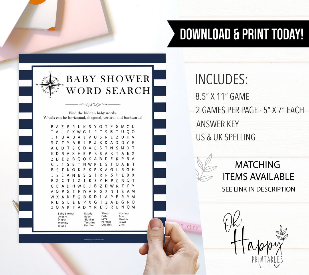 baby shower word search game, baby word search game, Printable baby shower games, nautical baby shower games, nautical baby games, fun baby shower games, top baby shower ideas