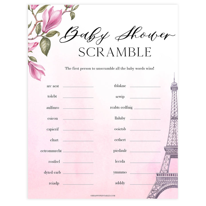 baby word scramble game, Parisian baby shower games, printable baby shower games, Paris baby shower games, fun baby shower games