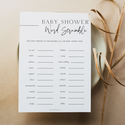 baby word scramble game baby shower game, printable baby shower games, editable baby shower games, modern baby shower games, minimalist baby shower