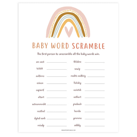 baby word scramble game, Printable baby shower games, boho rainbow baby games, baby shower games, fun baby shower ideas, top baby shower ideas, boho rainbow baby shower, baby shower games, fun boho rainbow baby shower ideas