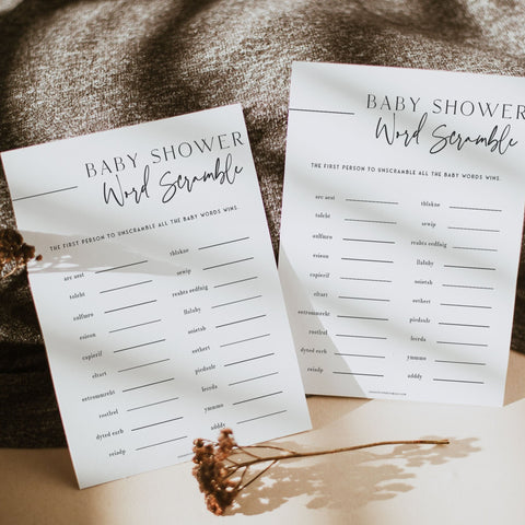 baby word scramble game baby shower game, printable baby shower games, editable baby shower games, modern baby shower games, minimalist baby shower