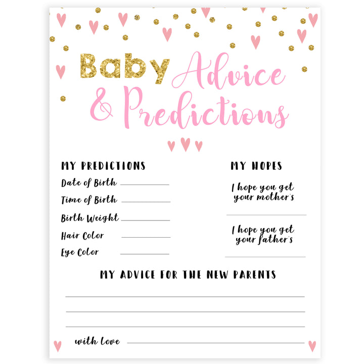 pink hearts baby shower, baby advice and predictions baby game, printable baby games, pink baby games, girl baby games, top 10 baby games, fun baby games