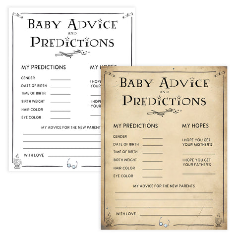 Baby advice and predictions game, baby advice keepsake, Wizard baby shower games, printable baby shower games, Harry Potter baby games, Harry Potter baby shower, fun baby shower games,  fun baby ideas