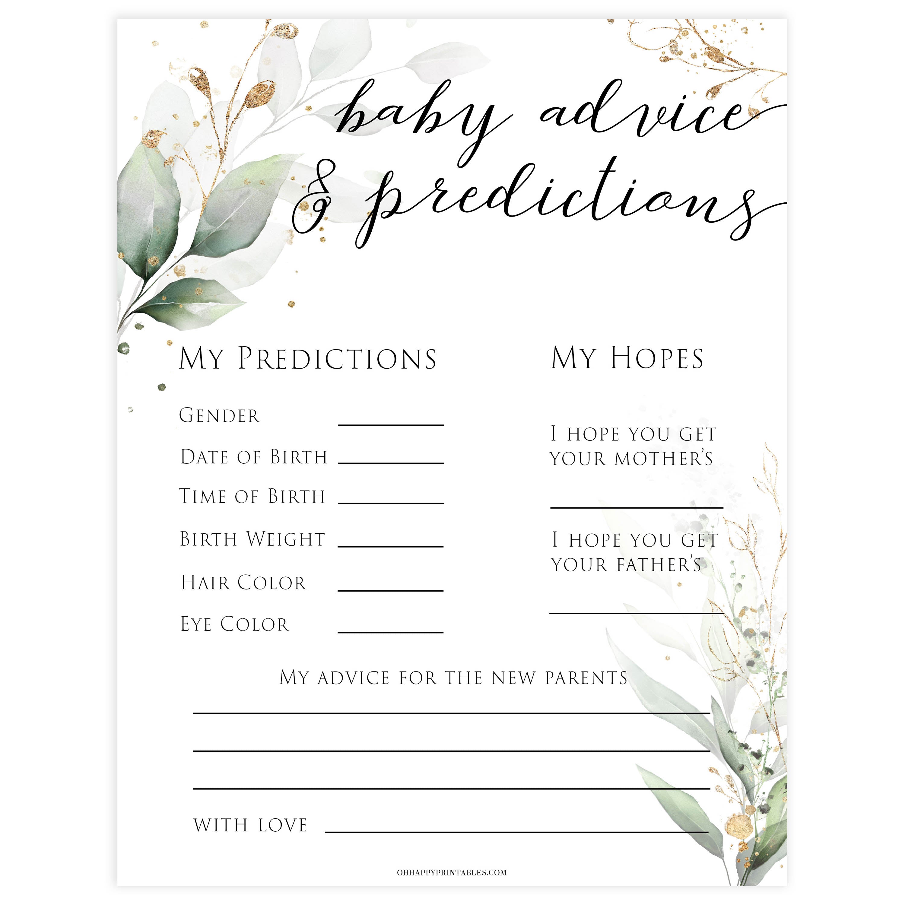 Gold green leaf baby games, baby advice and predictions, printable baby games, fun baby games, top baby games to play, gold leaf baby shower, greenery baby shower ideas