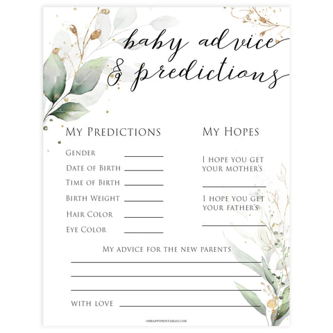 Gold green leaf baby games, baby advice and predictions, printable baby games, fun baby games, top baby games to play, gold leaf baby shower, greenery baby shower ideas
