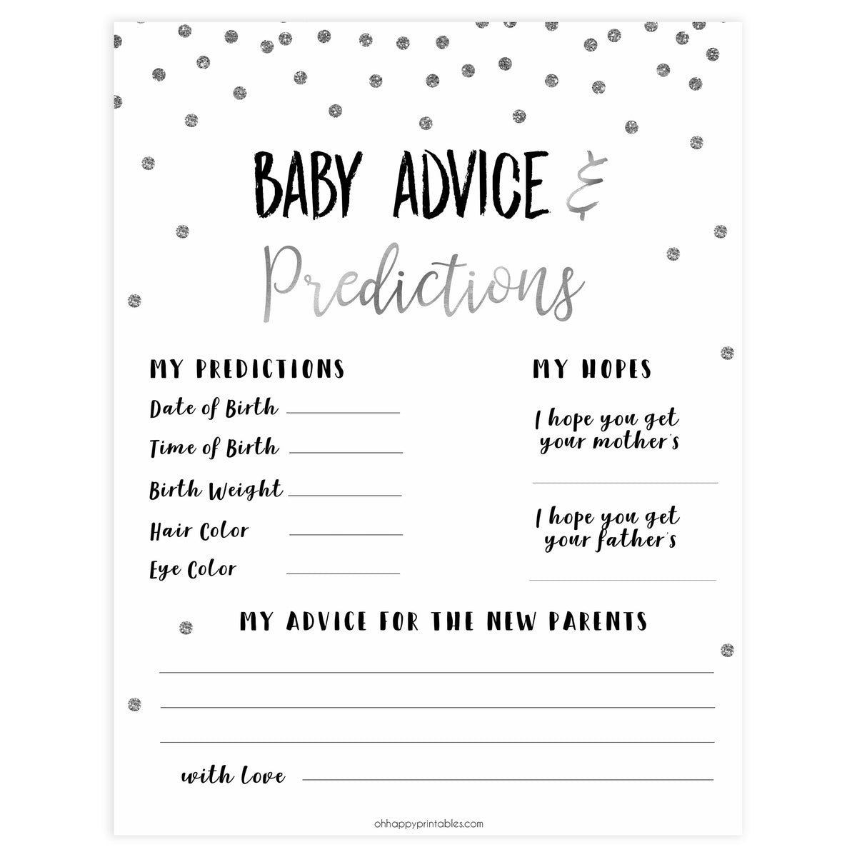 baby advice and predictions keepsake, Printable baby shower games, baby silver glitter fun baby games, baby shower games, fun baby shower ideas, top baby shower ideas, silver glitter shower baby shower, friends baby shower ideas