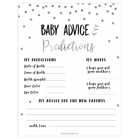 baby advice and predictions keepsake, Printable baby shower games, baby silver glitter fun baby games, baby shower games, fun baby shower ideas, top baby shower ideas, silver glitter shower baby shower, friends baby shower ideas