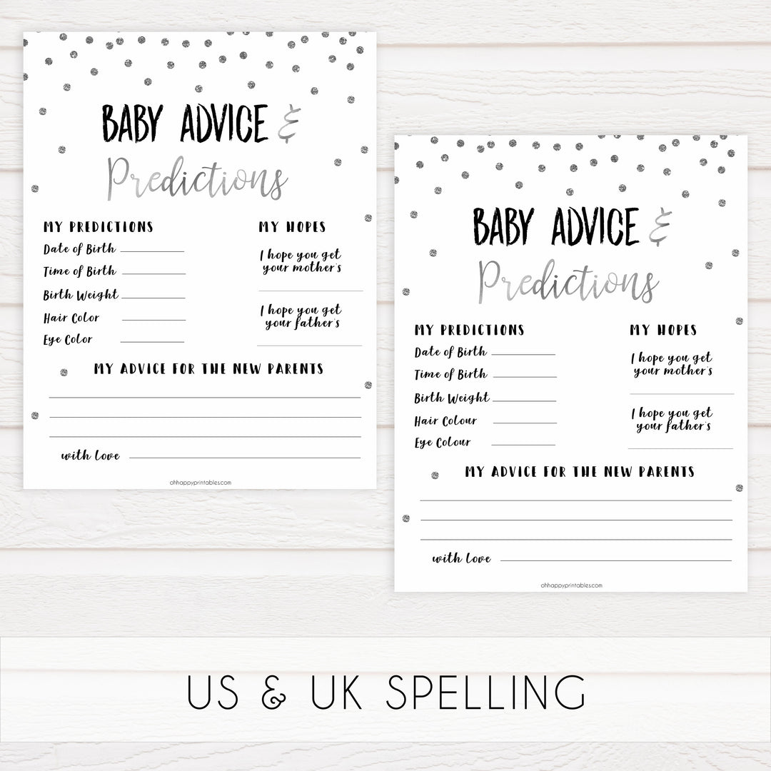 baby advice and predictions keepsake, Printable baby shower games, baby silver glitter fun baby games, baby shower games, fun baby shower ideas, top baby shower ideas, silver glitter shower baby shower, friends baby shower ideas