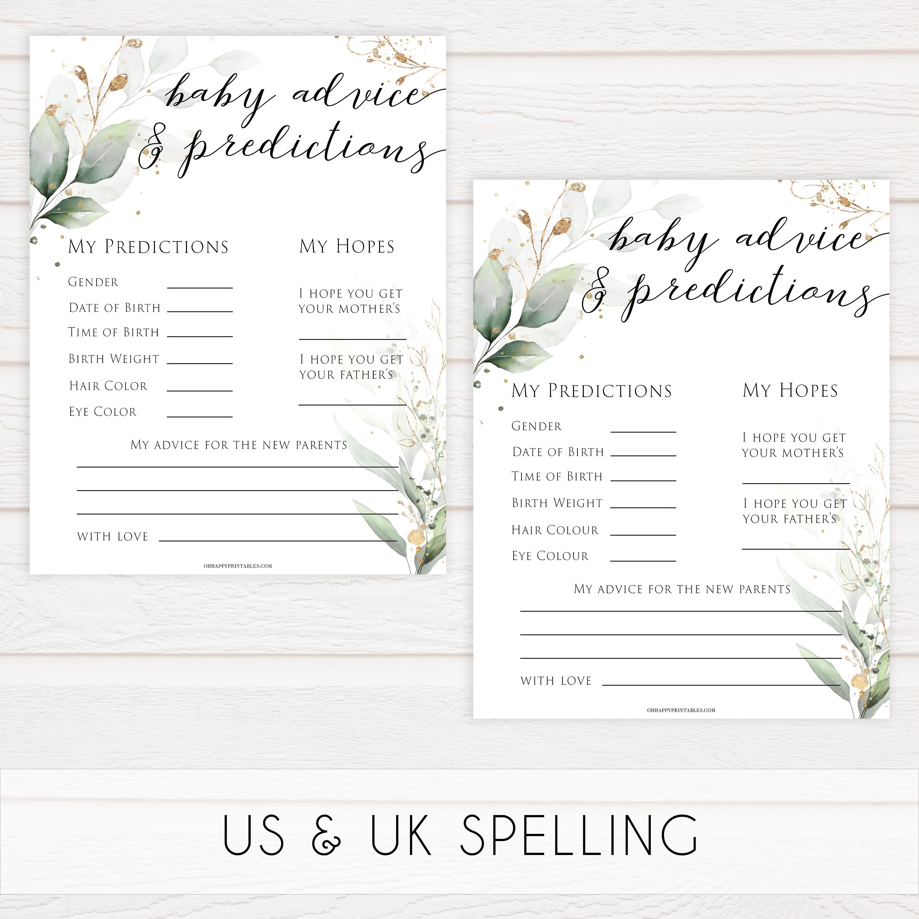 Gold green leaf baby games, baby advice and predictions, printable baby games, fun baby games, top baby games to play, gold leaf baby shower, greenery baby shower ideas