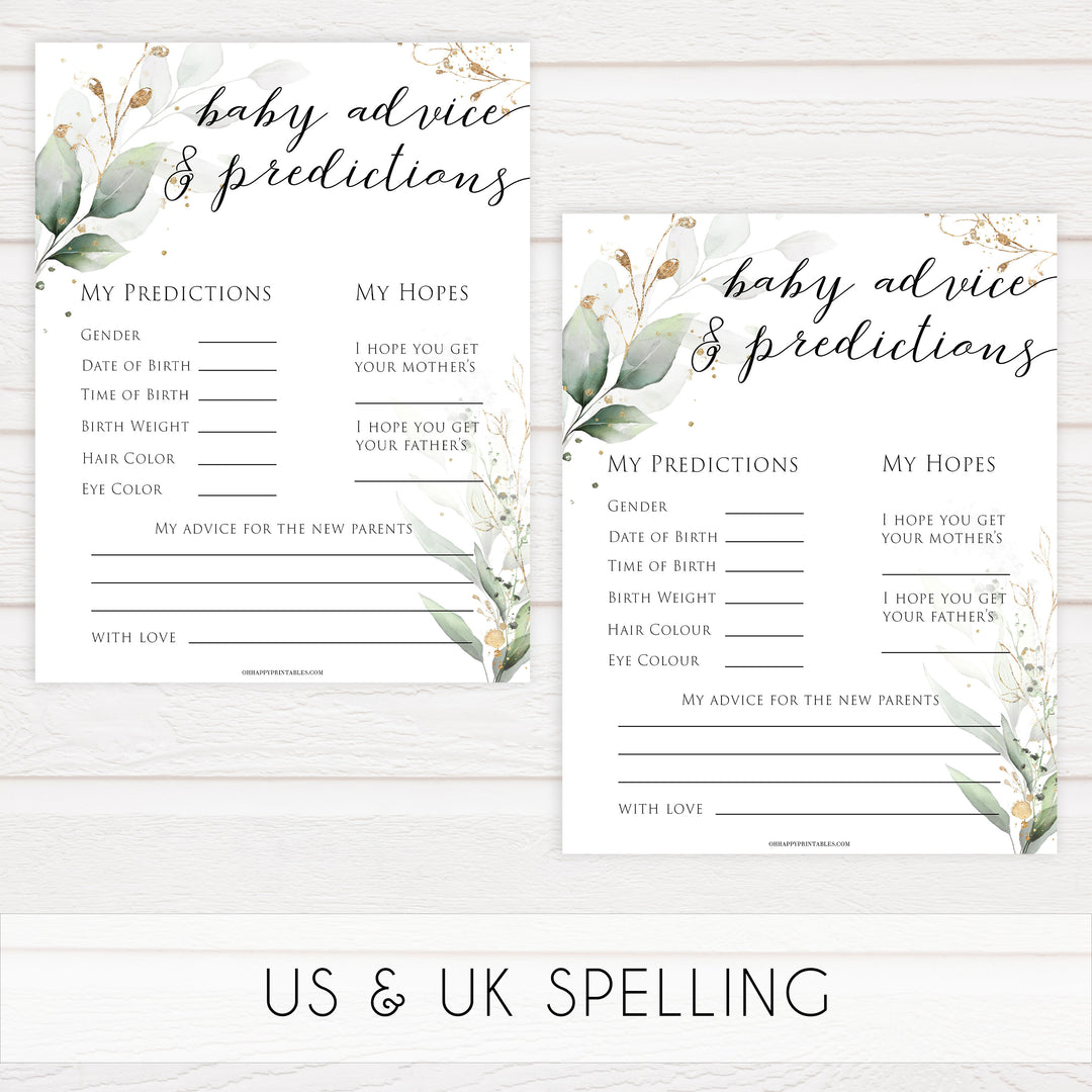 Gold green leaf baby games, baby advice and predictions, printable baby games, fun baby games, top baby games to play, gold leaf baby shower, greenery baby shower ideas