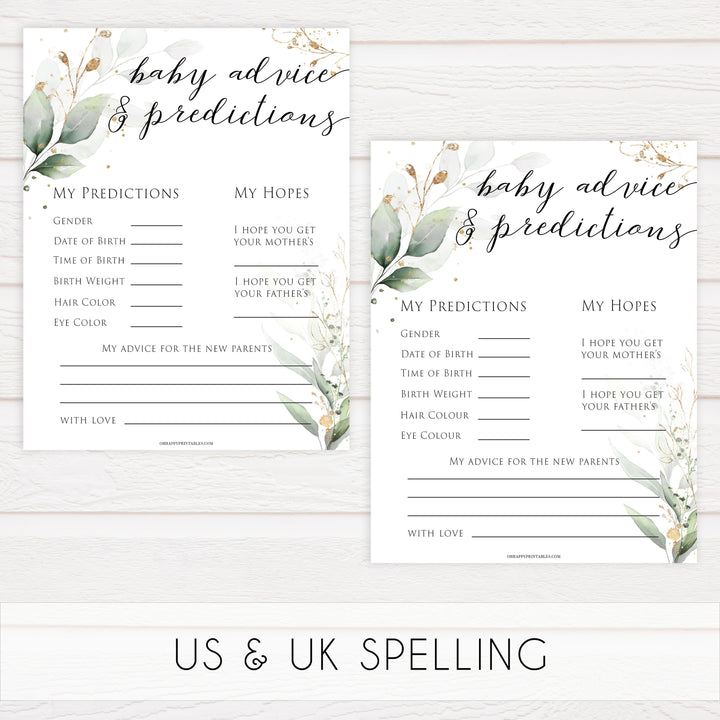 Gold green leaf baby games, baby advice and predictions, printable baby games, fun baby games, top baby games to play, gold leaf baby shower, greenery baby shower ideas