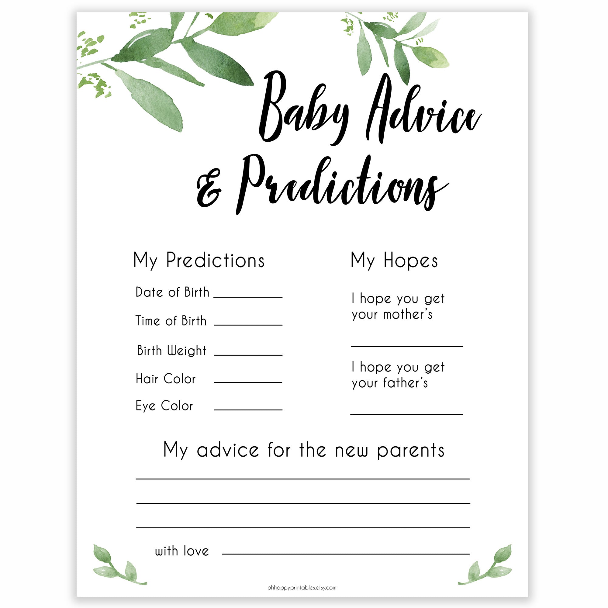 baby advice and predictions botanical theme baby shower games, botanical baby games, botanical baby shower themes