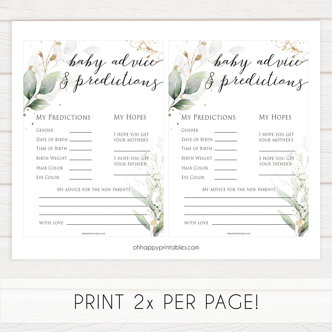 Gold green leaf baby games, baby advice and predictions, printable baby games, fun baby games, top baby games to play, gold leaf baby shower, greenery baby shower ideas