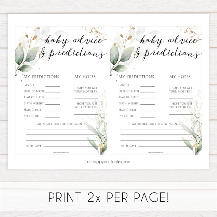 Gold green leaf baby games, baby advice and predictions, printable baby games, fun baby games, top baby games to play, gold leaf baby shower, greenery baby shower ideas