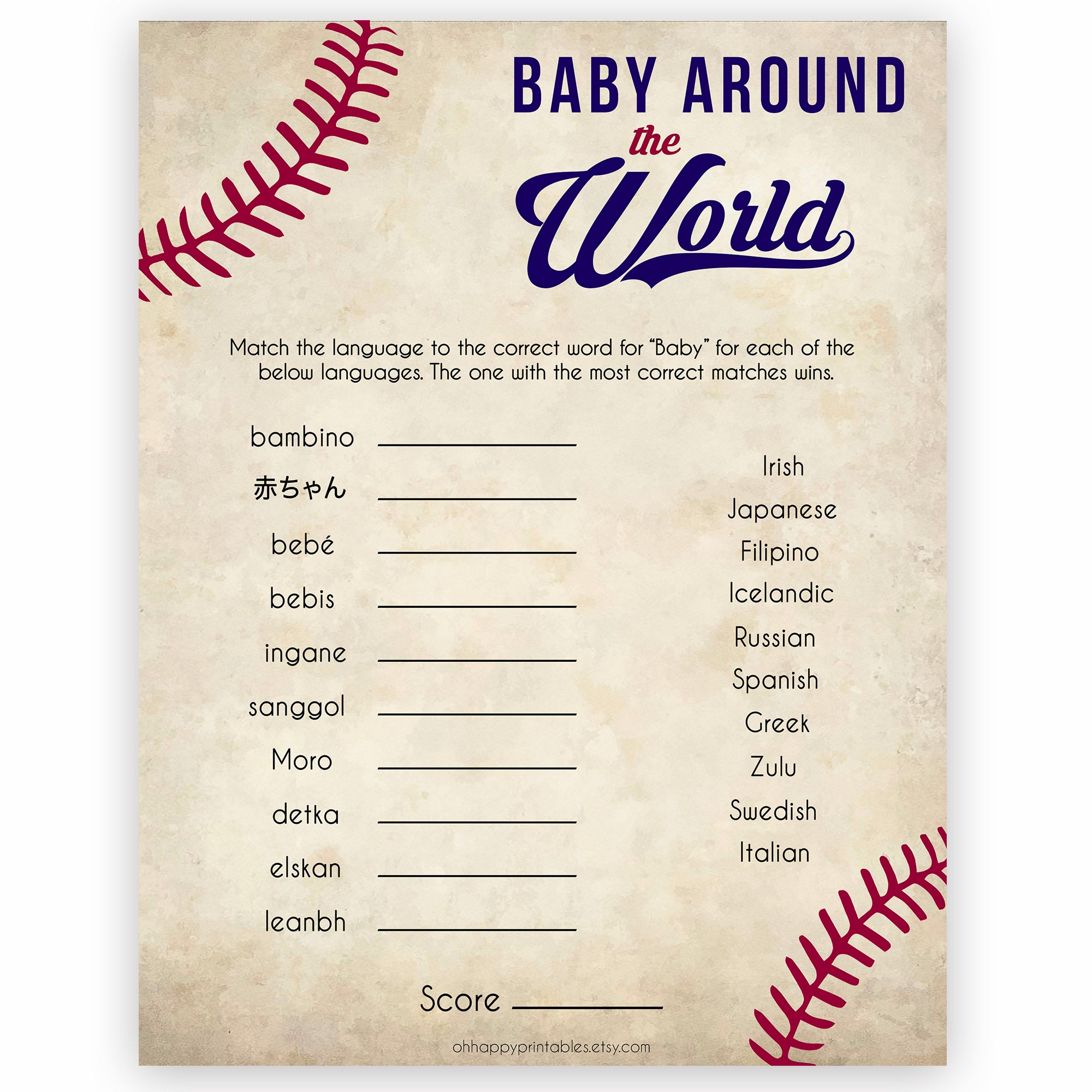 Baby Around The World Game, Baby in Different Languages, Baseball Baby Shower, Baby Shower Games, Travel Baby Game, Baby Shower Game, printable baby shower games, fun baby shower games, popular baby shower games