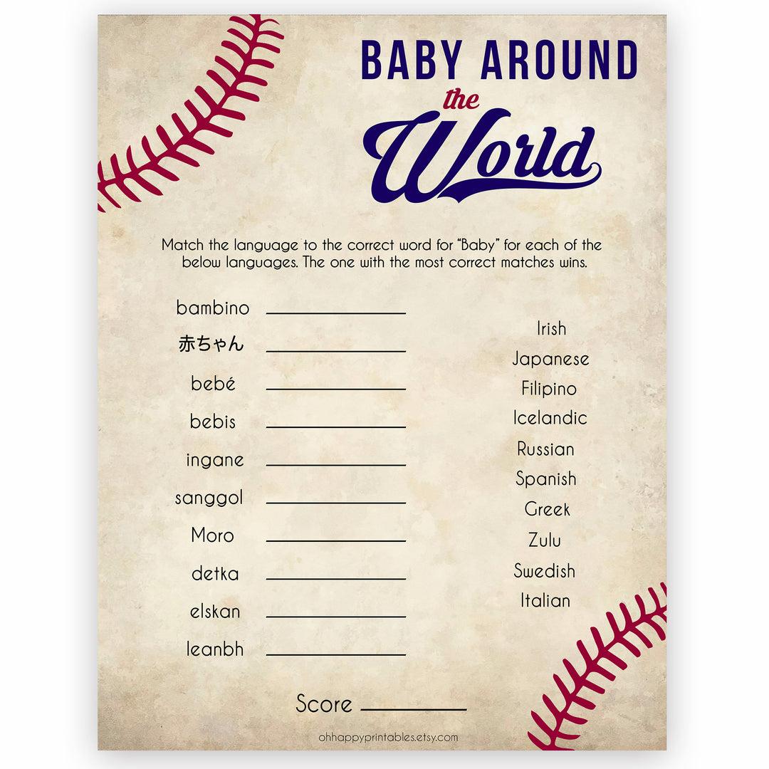 Baby Around The World Game, Baby in Different Languages, Baseball Baby Shower, Baby Shower Games, Travel Baby Game, Baby Shower Game, printable baby shower games, fun baby shower games, popular baby shower games