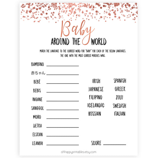 Rose Gold Baby Around the World, Baby in Different Language Game, Travel Baby Shower Games, Guess the Language Game, Rose Gold Baby Shower, printable baby shower games, fun baby shower games, popular baby shower games