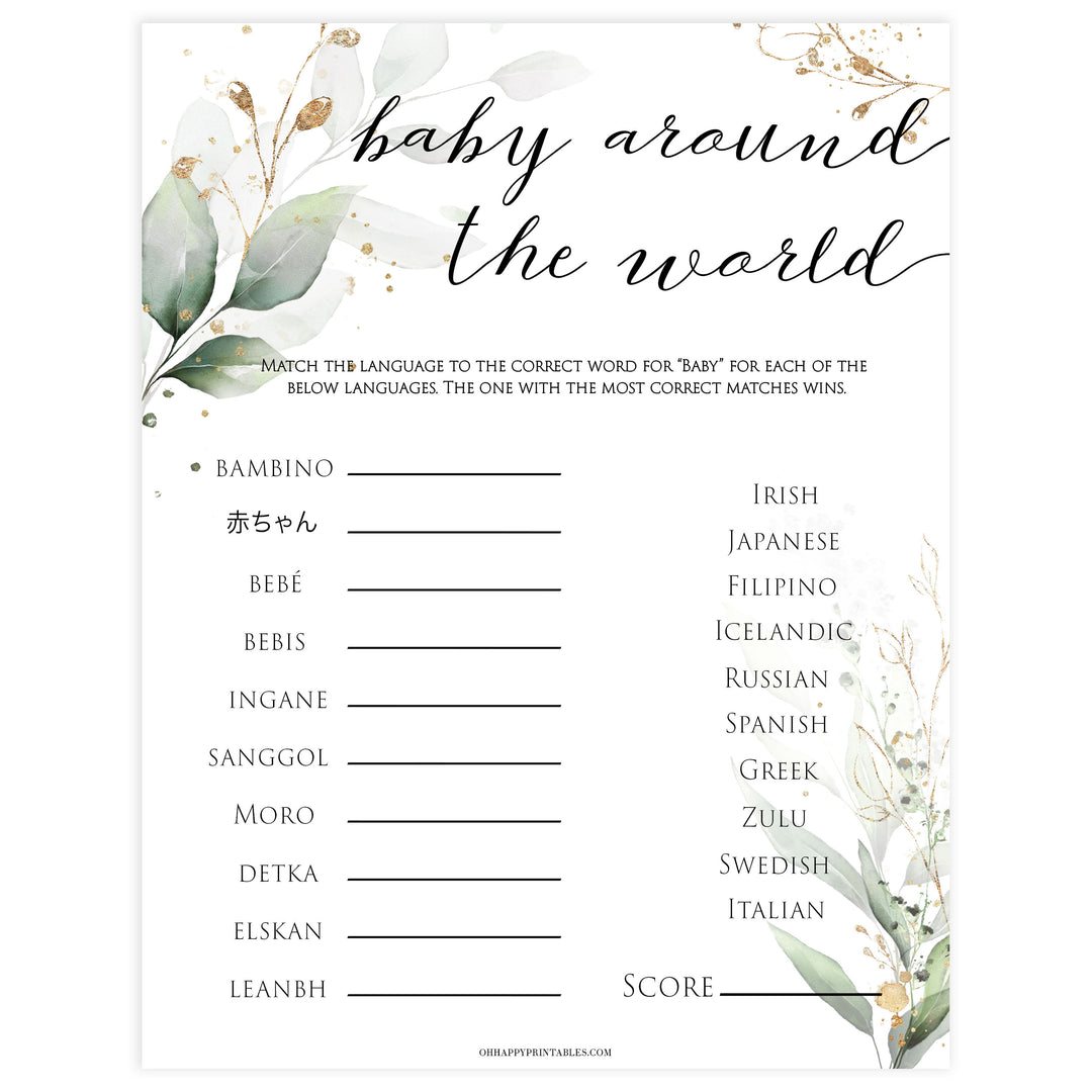 Gold green leaf baby games, baby around the world, printable baby games, fun baby games, top baby games to play, gold leaf baby shower, greenery baby shower ideas