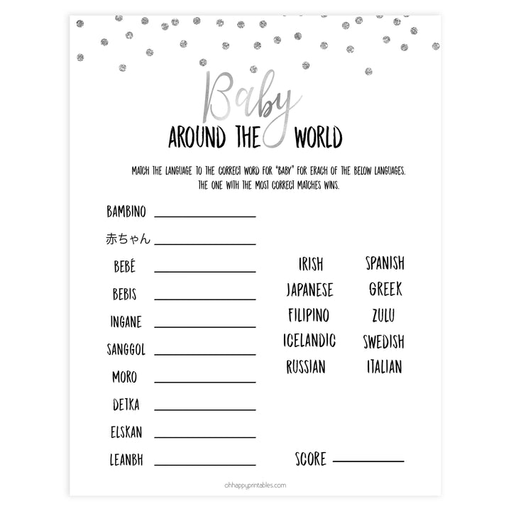 baby around the world game, Printable baby shower games, baby silver glitter fun baby games, baby shower games, fun baby shower ideas, top baby shower ideas, silver glitter shower baby shower, friends baby shower ideas