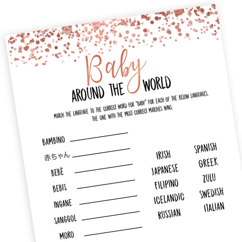 Rose Gold Baby Around the World, Baby in Different Language Game, Travel Baby Shower Games, Guess the Language Game, Rose Gold Baby Shower, printable baby shower games, fun baby shower games, popular baby shower games