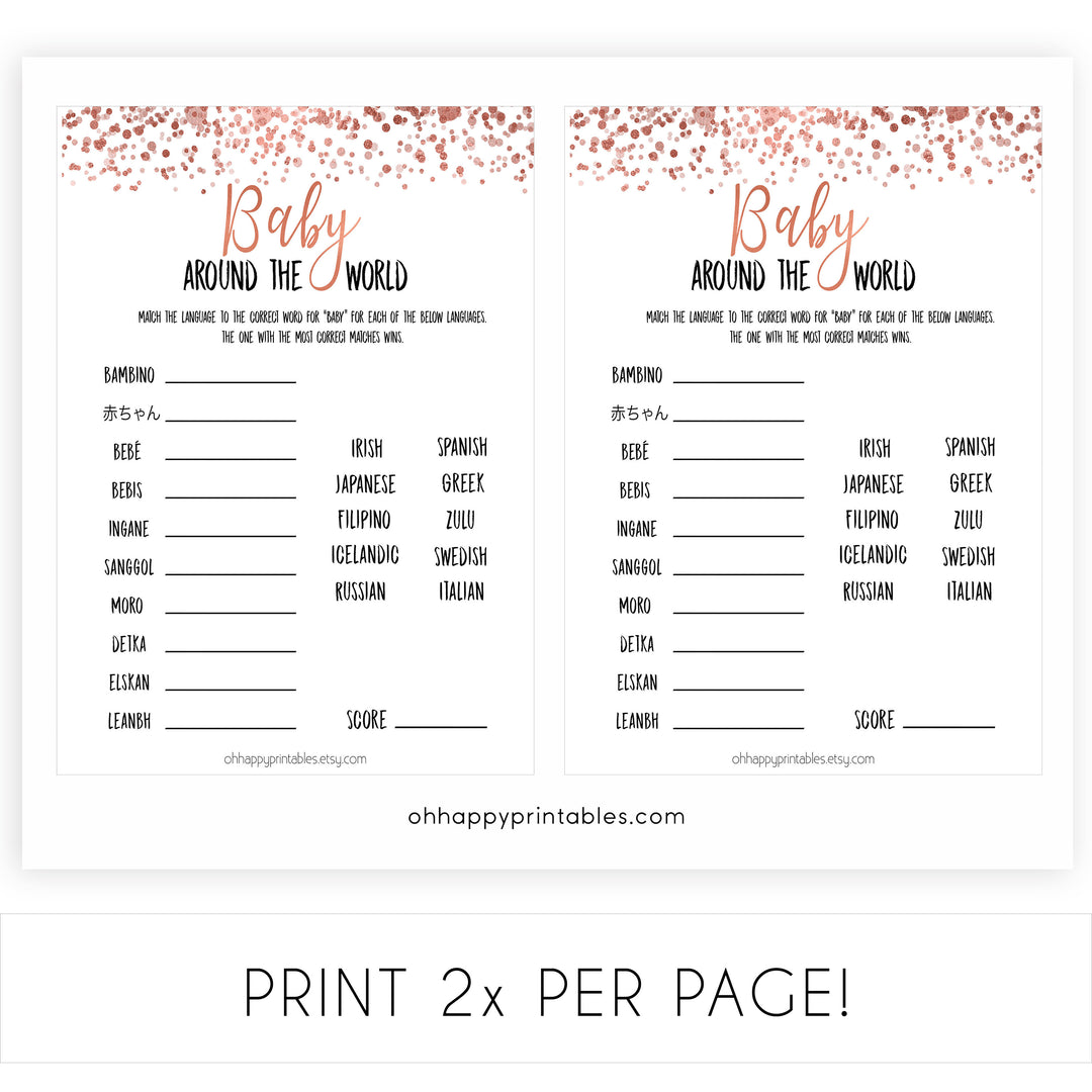  Rose Gold Baby Around the World, Baby in Different Language Game, Travel Baby Shower Games, Guess the Language Game, Rose Gold Baby Shower, printable baby shower games, fun baby shower games, popular baby shower games