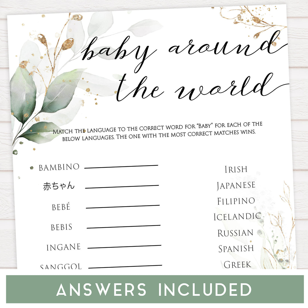 Gold green leaf baby games, baby around the world, printable baby games, fun baby games, top baby games to play, gold leaf baby shower, greenery baby shower ideas