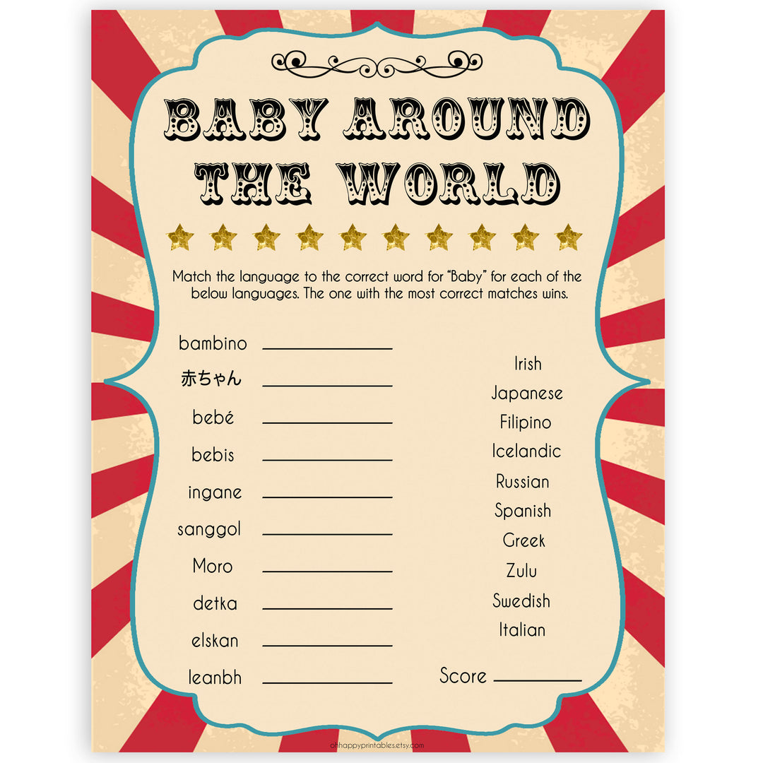 Circus baby around the world baby shower games, circus baby games, carnival baby games, printable baby games, fun baby games, popular baby games