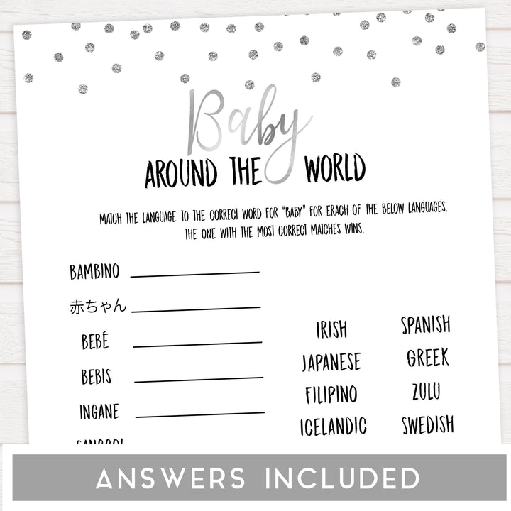 baby around the world game, Printable baby shower games, baby silver glitter fun baby games, baby shower games, fun baby shower ideas, top baby shower ideas, silver glitter shower baby shower, friends baby shower ideas