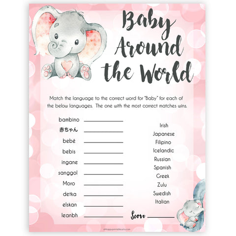 pink elephant baby games, baby around the world baby shower games, printable baby shower games, baby shower games, fun baby games, popular baby games, pink baby games