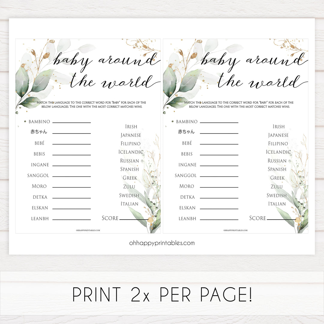 Gold green leaf baby games, baby around the world, printable baby games, fun baby games, top baby games to play, gold leaf baby shower, greenery baby shower ideas
