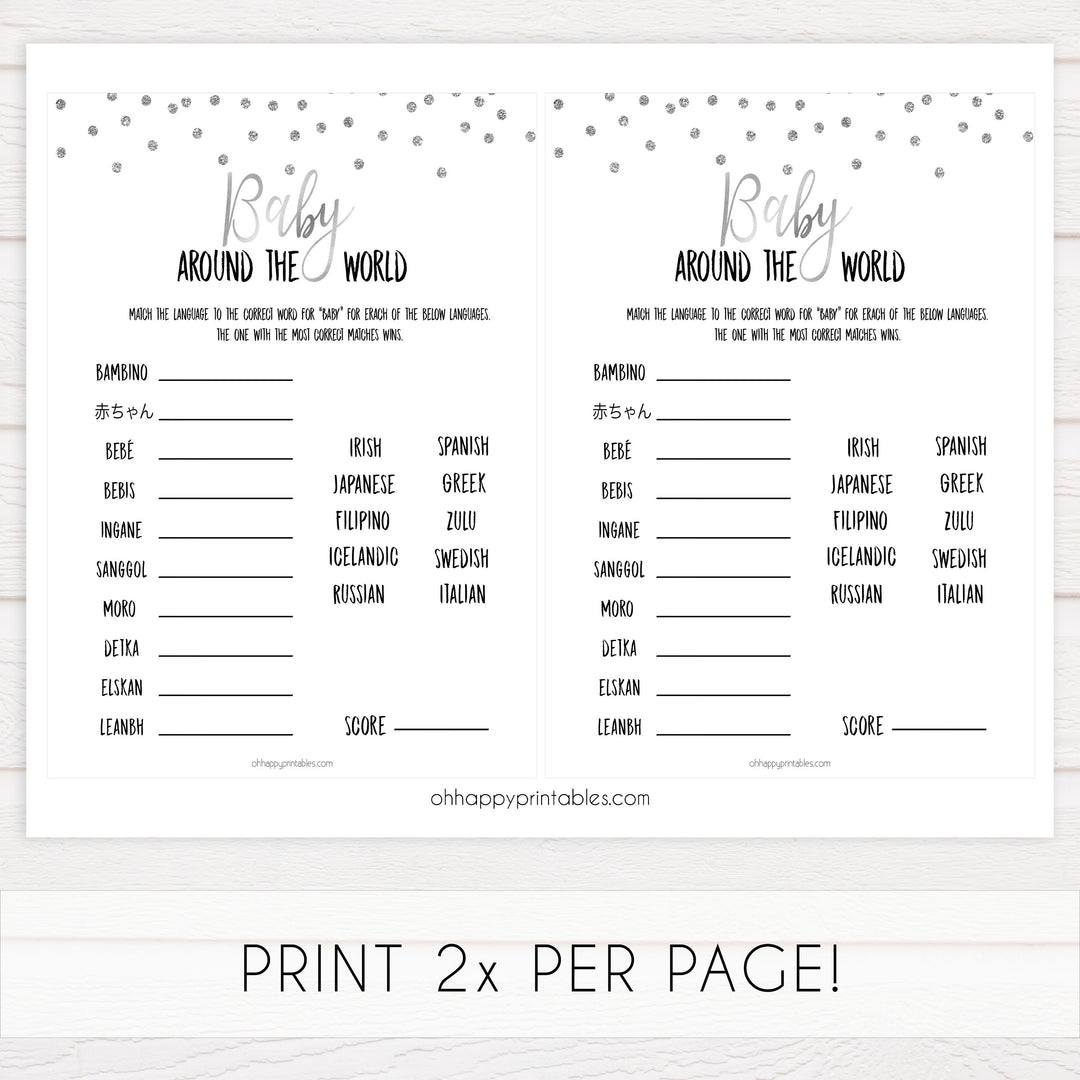 baby around the world game, Printable baby shower games, baby silver glitter fun baby games, baby shower games, fun baby shower ideas, top baby shower ideas, silver glitter shower baby shower, friends baby shower ideas