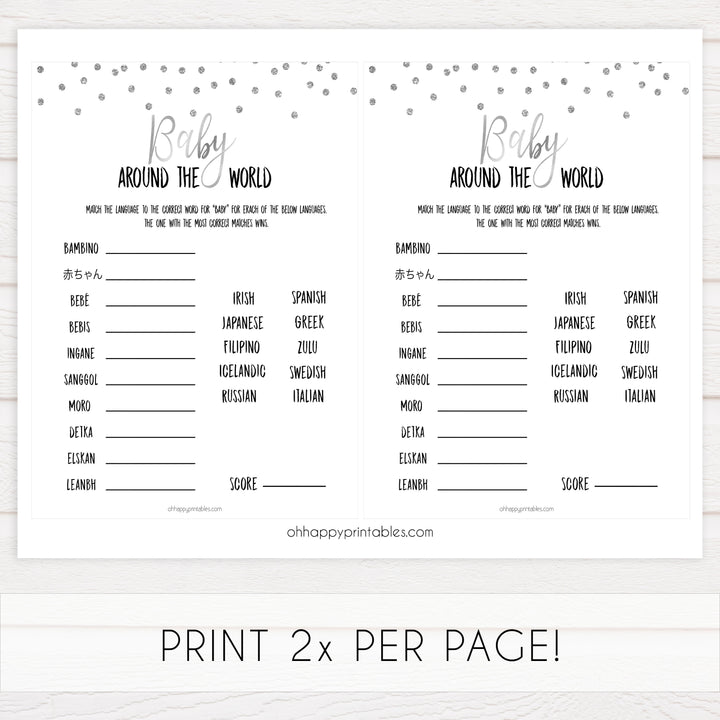 baby around the world game, Printable baby shower games, baby silver glitter fun baby games, baby shower games, fun baby shower ideas, top baby shower ideas, silver glitter shower baby shower, friends baby shower ideas