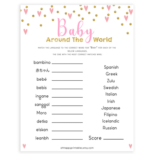 pink hearts baby shower, baby around the world baby game, printable baby games, pink baby games, girl baby games, top 10 baby games, fun baby games