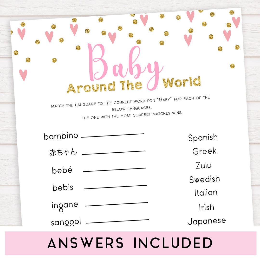 pink hearts baby shower, baby around the world baby game, printable baby games, pink baby games, girl baby games, top 10 baby games, fun baby games