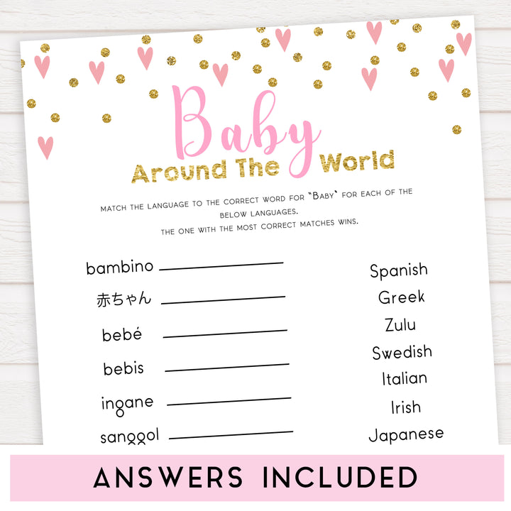 pink hearts baby shower, baby around the world baby game, printable baby games, pink baby games, girl baby games, top 10 baby games, fun baby games
