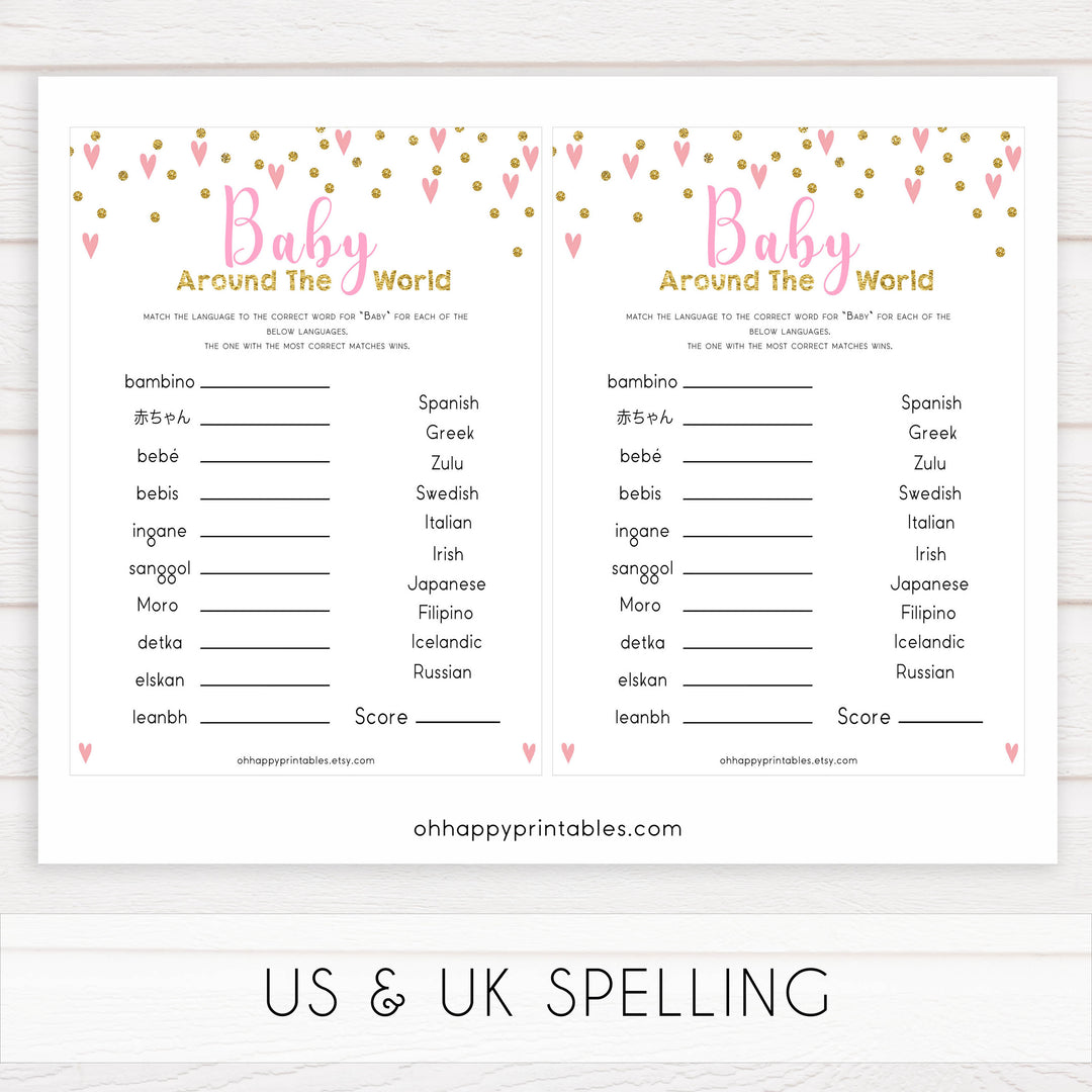 pink hearts baby shower, baby around the world baby game, printable baby games, pink baby games, girl baby games, top 10 baby games, fun baby games
