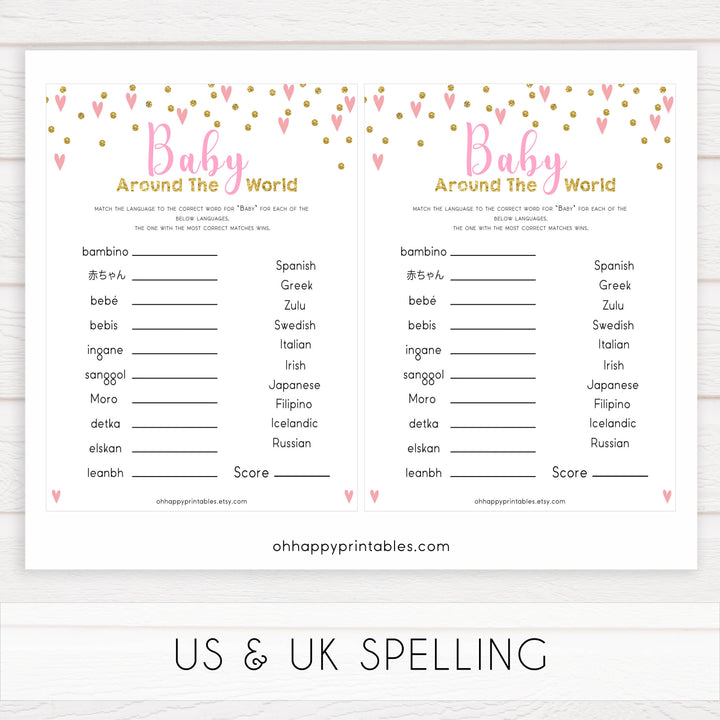 pink hearts baby shower, baby around the world baby game, printable baby games, pink baby games, girl baby games, top 10 baby games, fun baby games