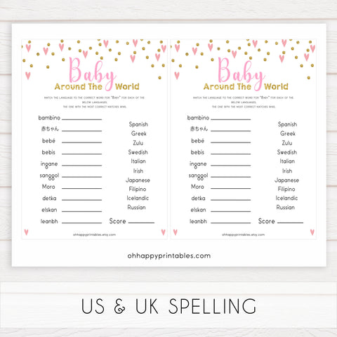 pink hearts baby shower, baby around the world baby game, printable baby games, pink baby games, girl baby games, top 10 baby games, fun baby games